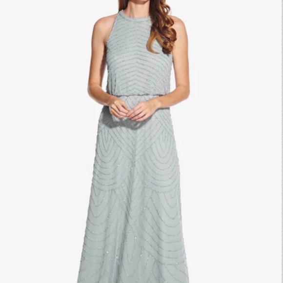 adrianna papell art deco beaded blouson dress with halter neckline Papell Art Art Deco Beaded Blouson Dress Art Deco Beaded Blouson Dress With Halter  Neckline  The